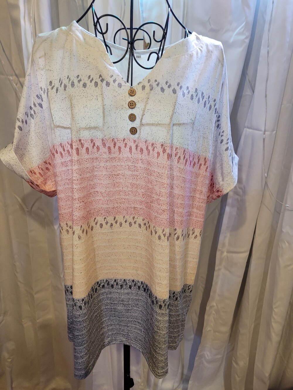 Amazon Striped V-Neck Tunic Top - Pink, Cream & Gray